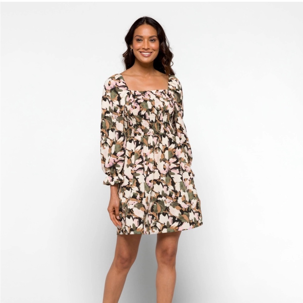 Vero Moda Hui Floral Print Smocked Long Sleeve Mini Dress -S